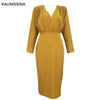 KAUNISSINA Bodycon Dress Elegant Cocktail Gown Solid V Neck Long Sleeve Knee-Length Robe Pencil Cocktail Dresses